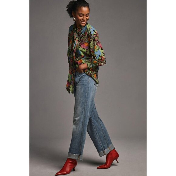 💕MILLE RESORT & TRAVEL ANTHROPOLOGIE💕 Blair Blouse ~ Tie Neck Green Motif XS - Picture 5 of 14